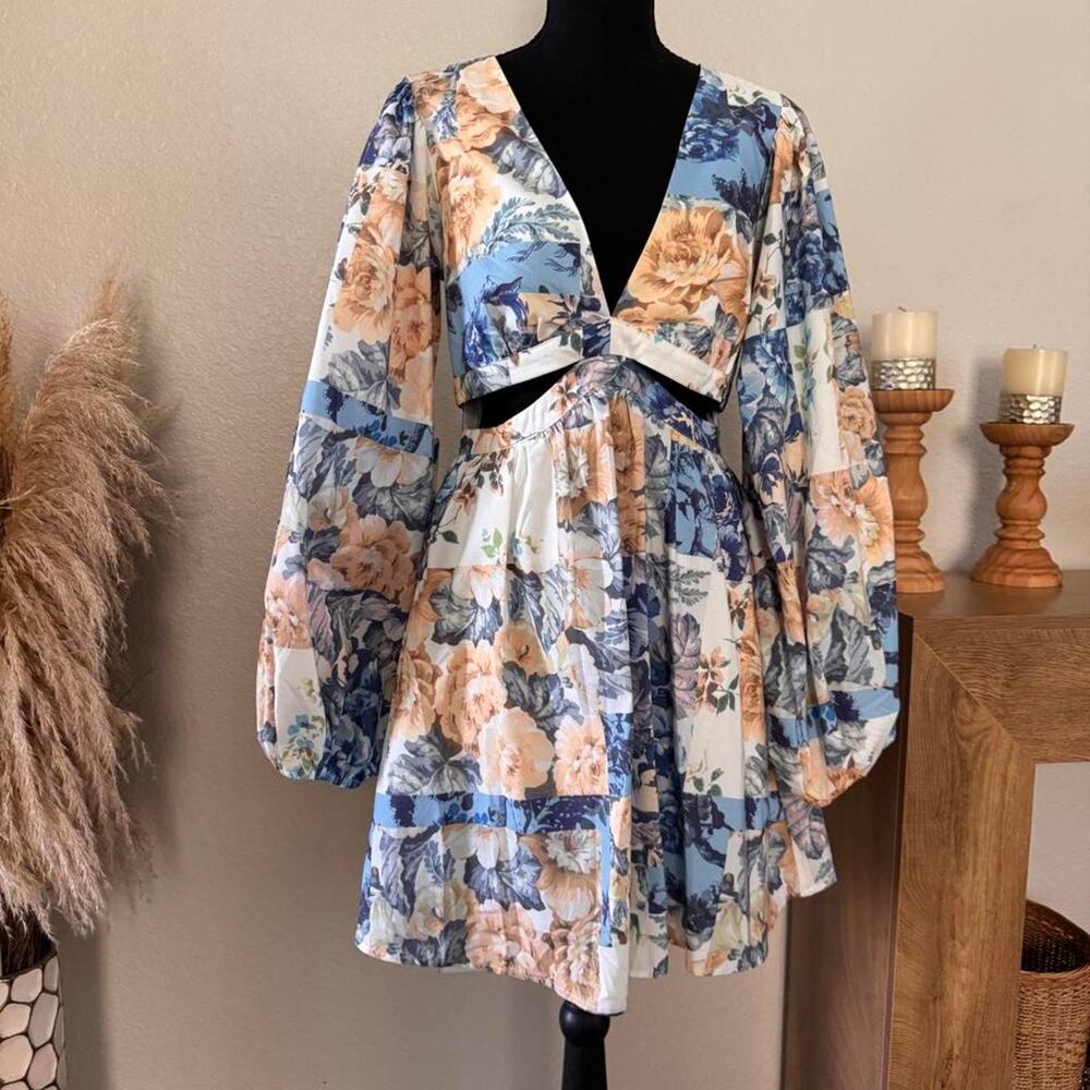 Showpo Emily Mini Dress US 6 Blue Orange Patchwork Floral Long Sleeve Cutout